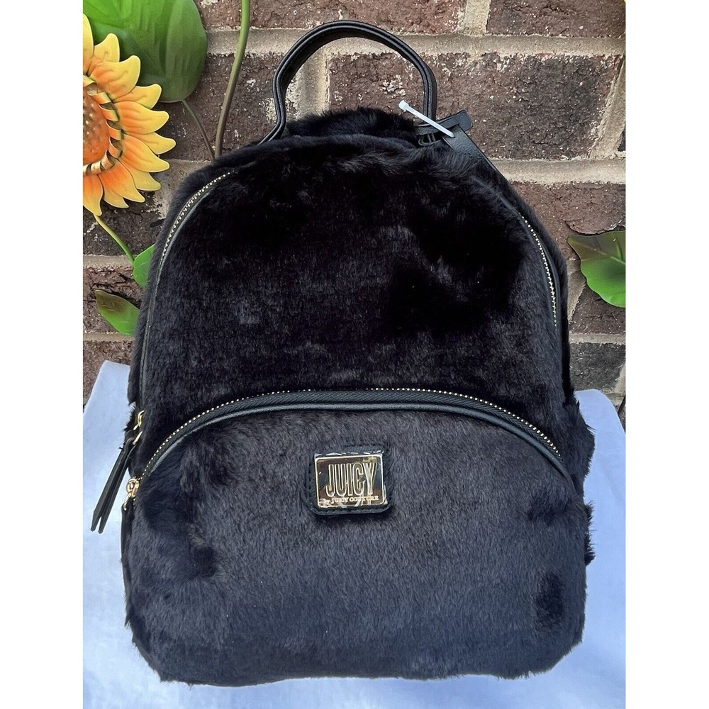 Juicy Couture Womens Faux Fur Luxadelic Black Adjustable Straps Backpack Bag NWT